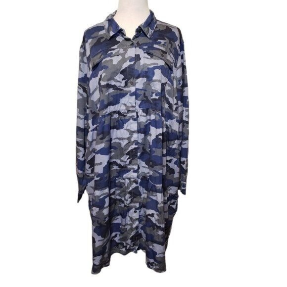 Elliott & Vine Womens Blue Camouflage Tiered dress with pockets Size 2X New - Picture 3 of 16